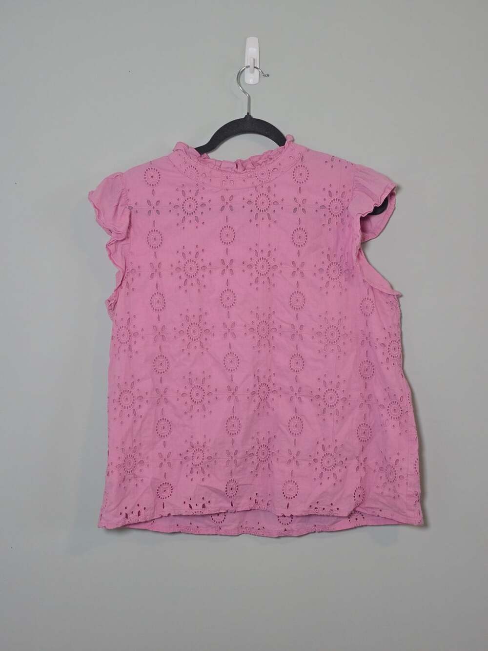 THML Pink Lined Eyelet Ruffle Flutter Sleeve Blouse Large 100% Cotton
